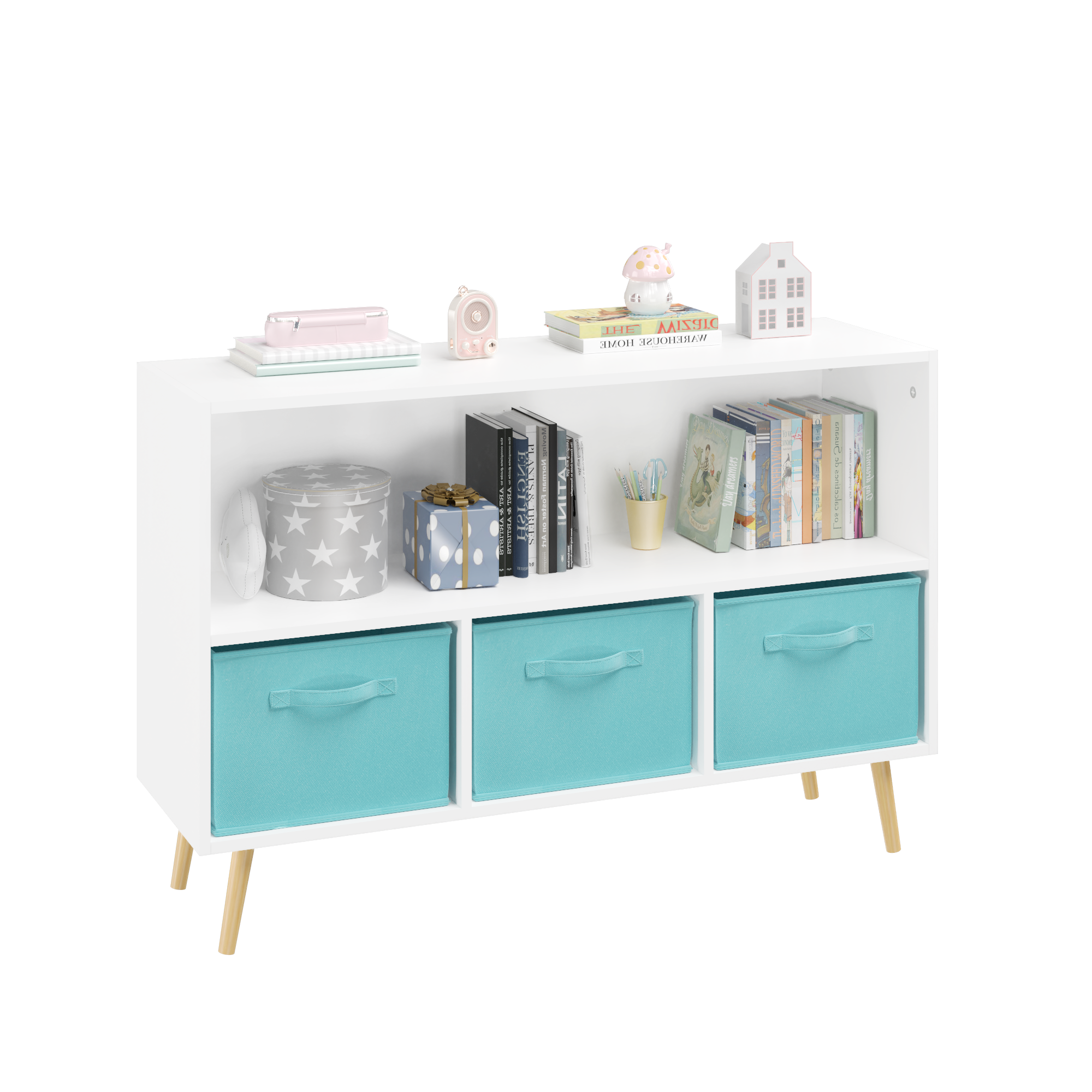 Kids bookcase with Collapsible Fabric Drawers Children's Book Display Toy Storage Cabinet Organizer White/Blue eprolo