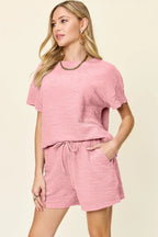 Double Take Textured Tee & Drawstring Shorts Set - Whispering Desires Shoppe