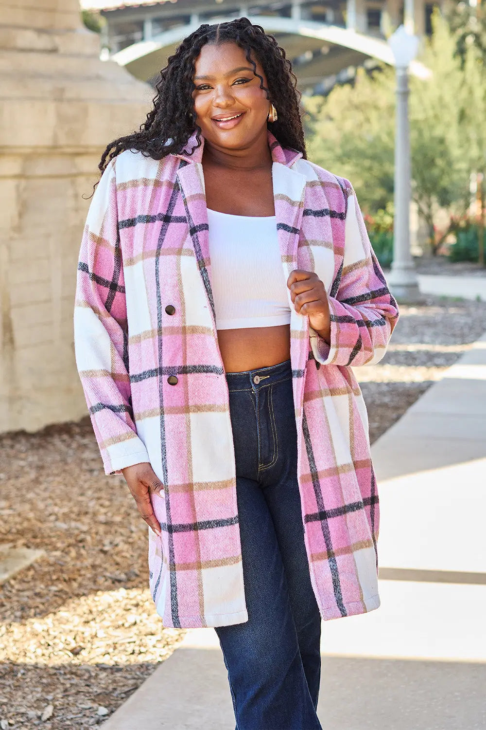 Double Take Full-Size Plaid Lapel Coat - Whispering Desires Shoppe