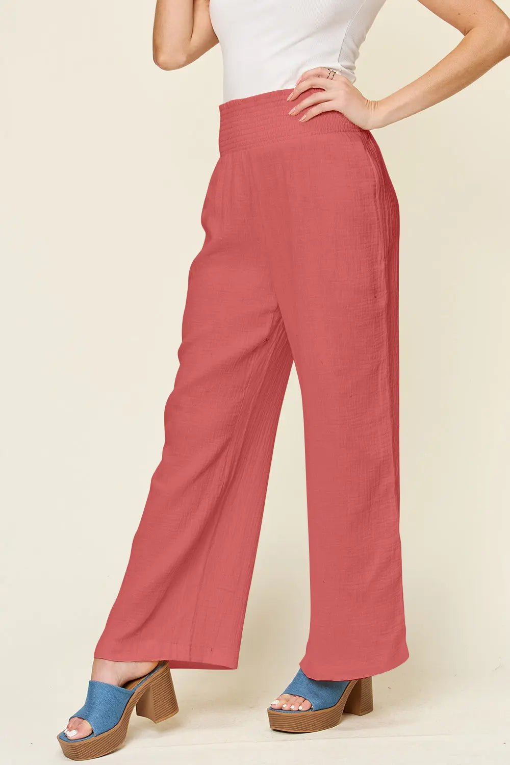 Double Take Smocked-Waist Wide-Leg Cotton Pants - Whispering Desires Shoppe