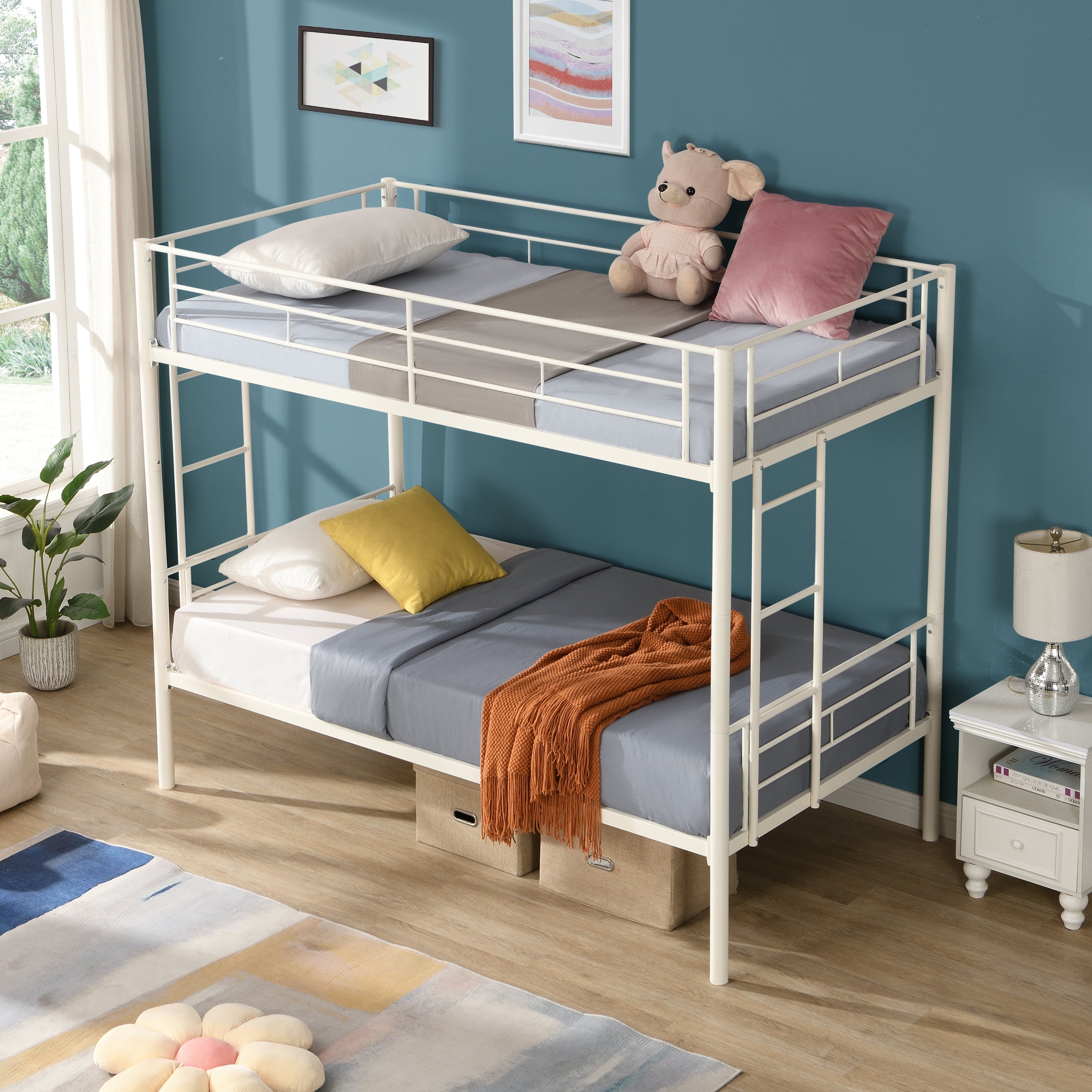 Twin metal bunk beds, metal structure bed frame with safety guardrails and 2 ladders, convertible bunk beds, white eprolo