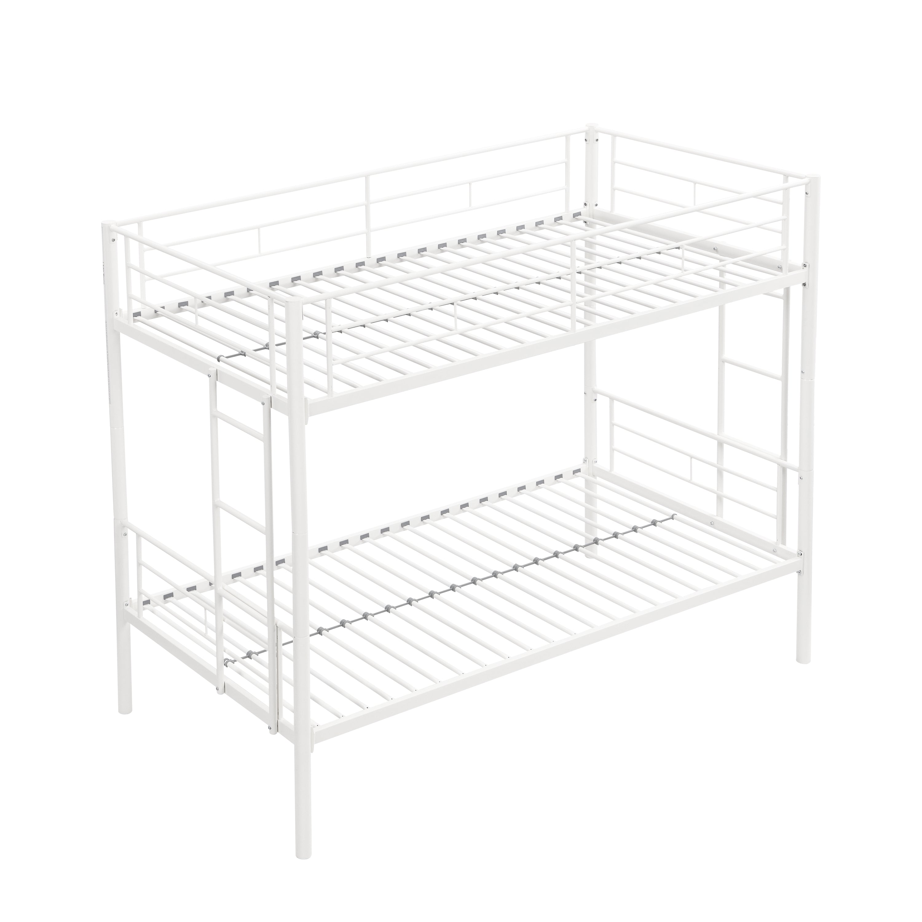 Twin metal bunk beds, metal structure bed frame with safety guardrails and 2 ladders, convertible bunk beds, white eprolo
