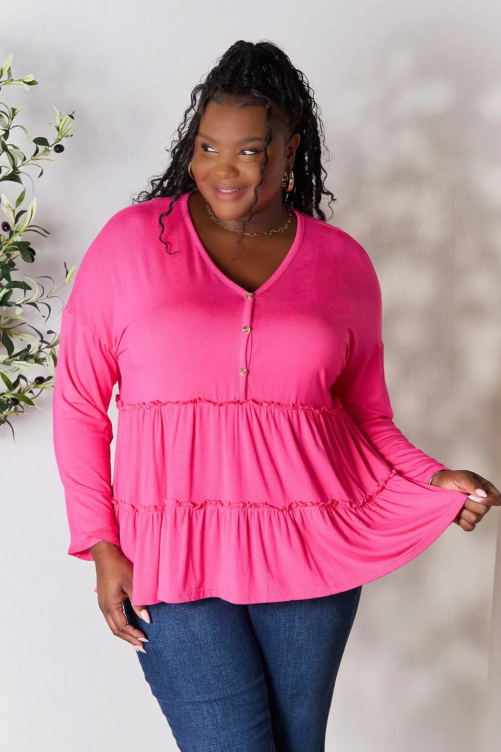 Double Take Ruffle-Hem Button Blouse - Whispering Desires Shoppe