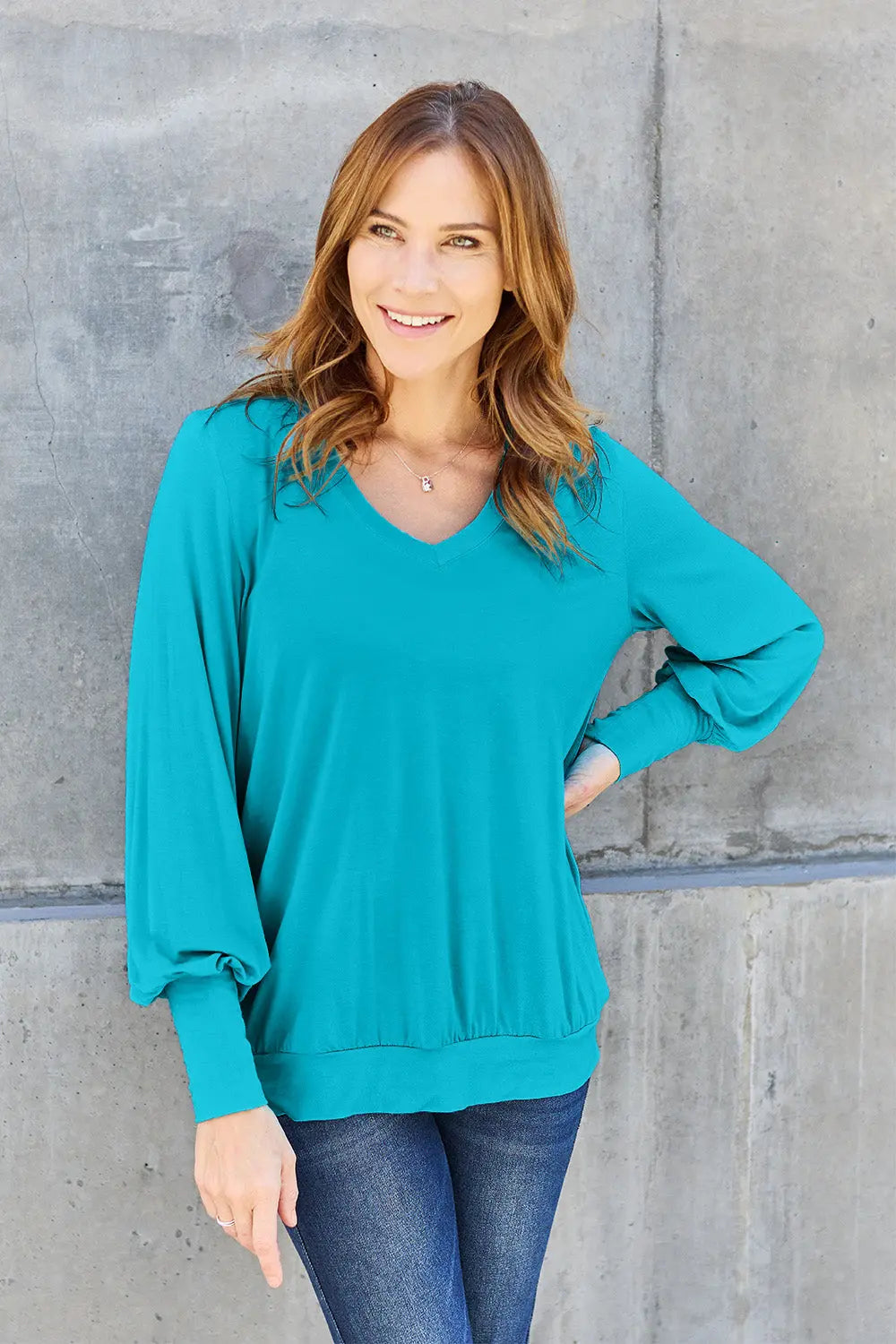 Basic Bae V-Neck Lantern Sleeve Top — Full Sizes - Whispering Desires Shoppe