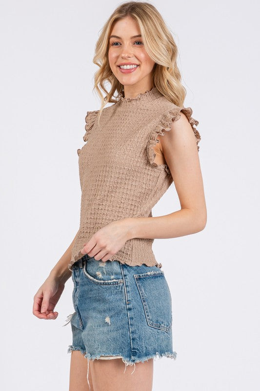 Ces Femme Texture Mock Neck Ruffle Cap Sleeve Blouse - Whispering Desires Shoppe