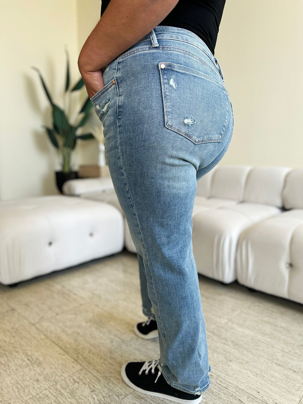 Judy Blue Mid-Rise Distressed Straight Jeans - Whispering Desires Shoppe