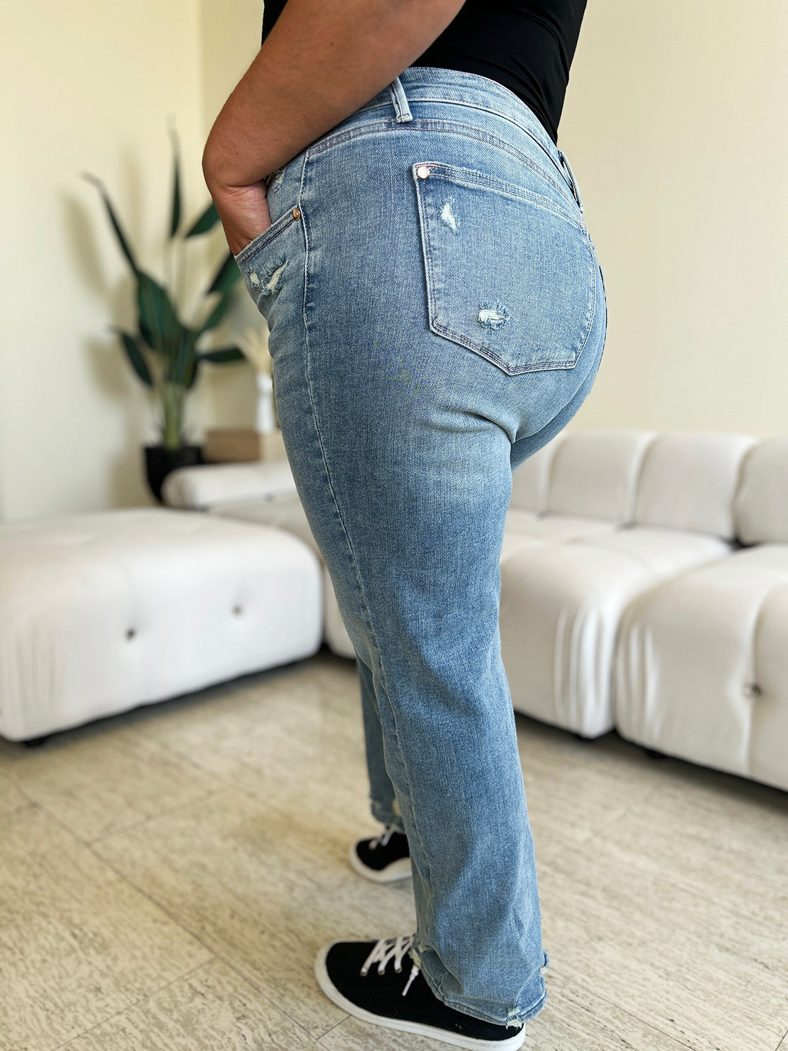 Judy Blue Mid-Rise Distressed Straight Jeans - Whispering Desires Shoppe