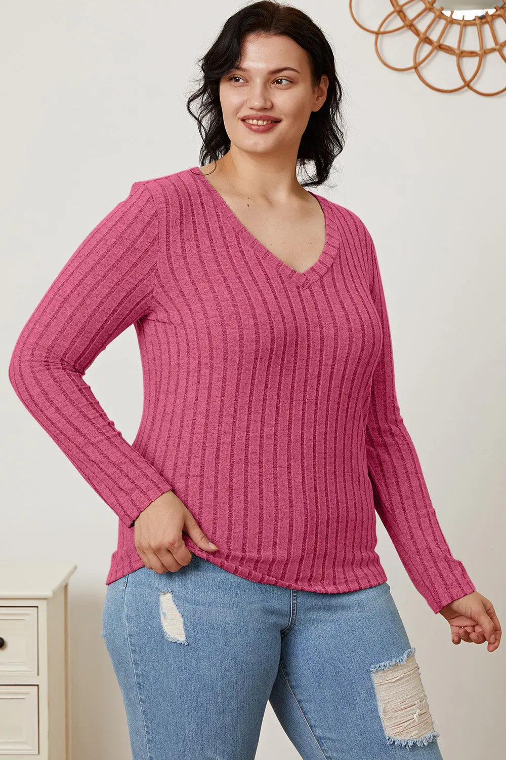Basic Bae Ribbed V-Neck Long Sleeve Tee - Whispering Desires Shoppe