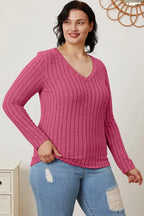 Basic Bae Ribbed V-Neck Long Sleeve Tee - Whispering Desires Shoppe