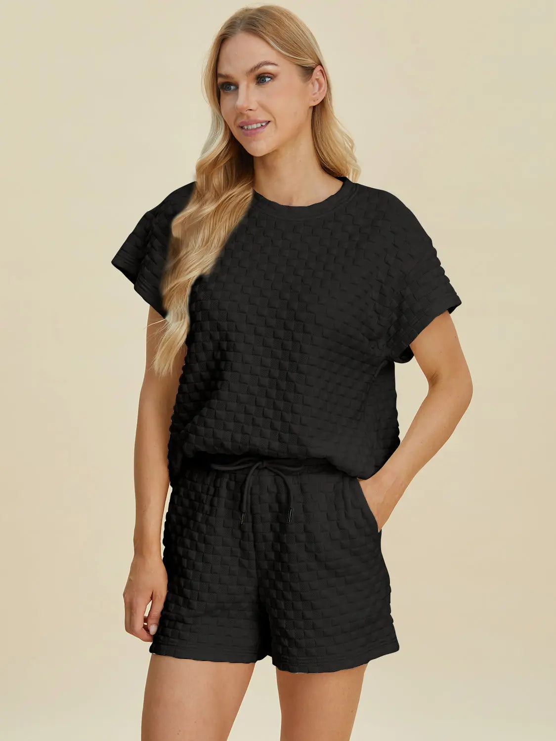 Double Take Textured T-Shirt & Drawstring Shorts Set - Whispering Desires Shoppe