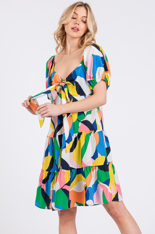 Ces Femme Abstract Print Sweetheart Neck Puff Sleeve Dress - Whispering Desires Shoppe