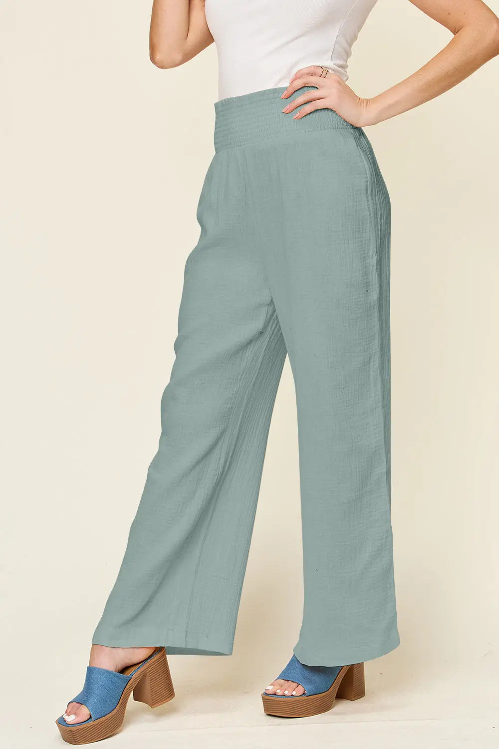 Double Take Smocked-Waist Wide-Leg Cotton Pants - Whispering Desires Shoppe