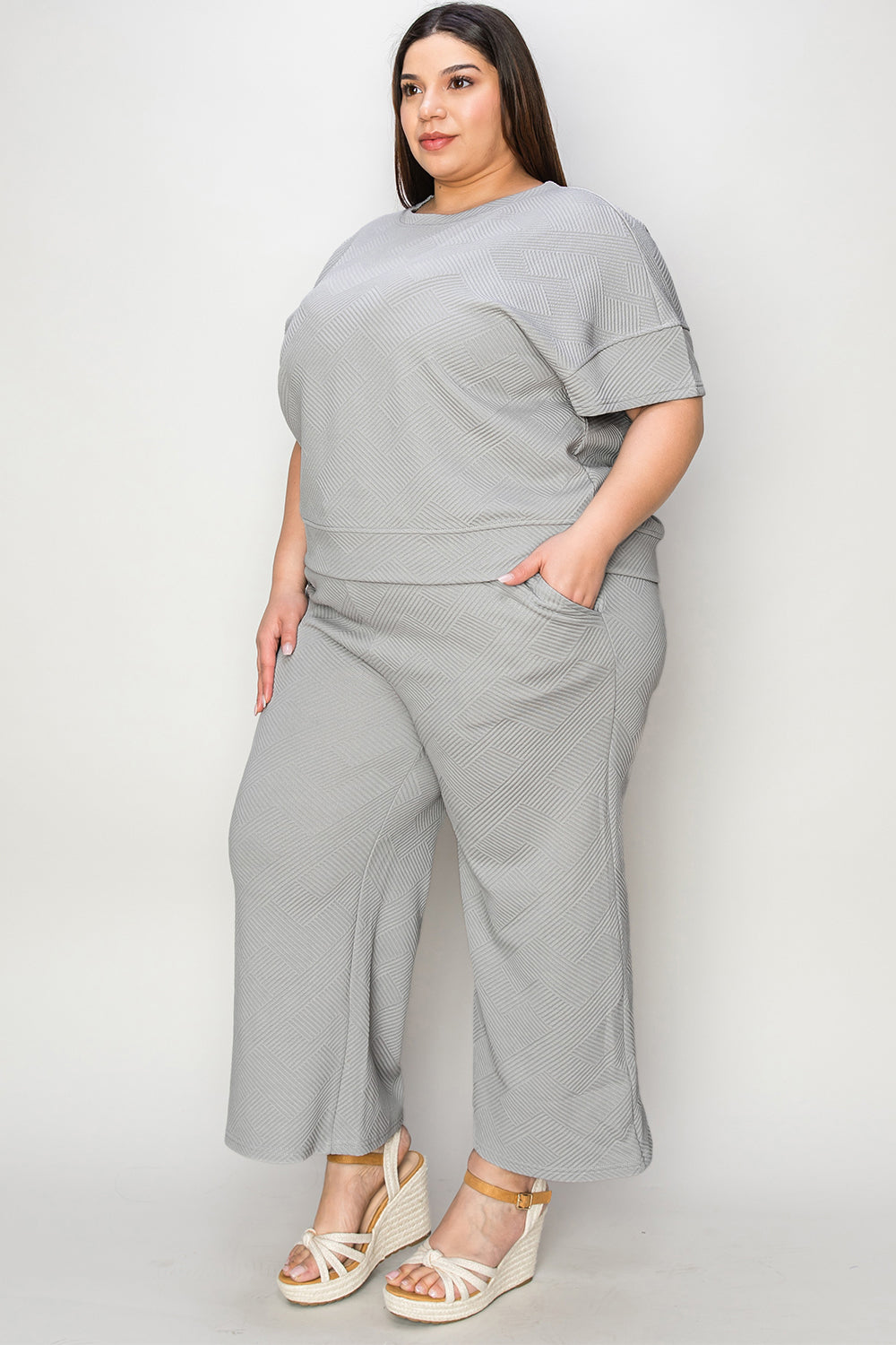 Double Take Full Size Texture Short Sleeve Top and Pants Set - Whispering Desires Shoppe