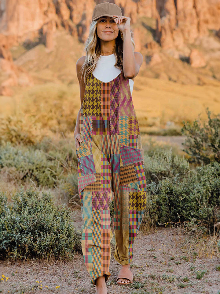 Full-Size Printed V-Neck Sleeveless Jumpsuit with Pockets - Whispering Desires Shoppe