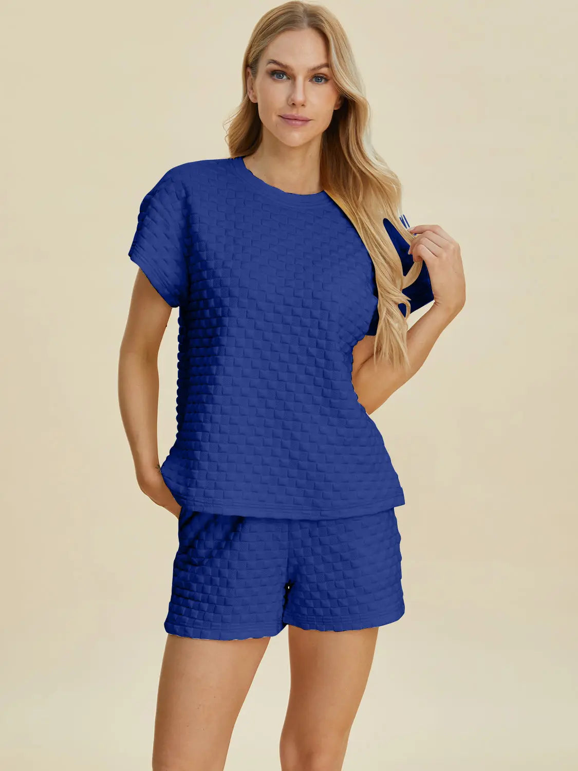 Double Take Textured T-Shirt & Drawstring Shorts Set - Whispering Desires Shoppe