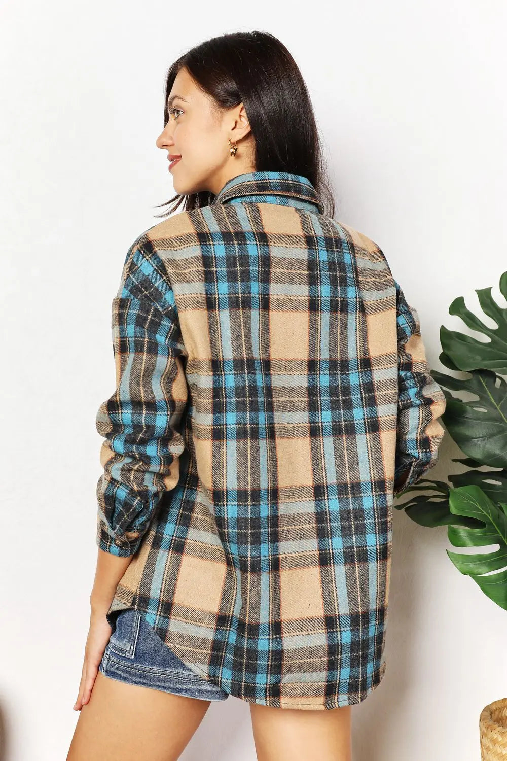 Double Take Plaid Curved-Hem Shirt Jacket - Whispering Desires Shoppe