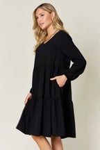 Double Take V-Neck Balloon Sleeve Tiered Dress w/ Pockets - Whispering Desires Shoppe