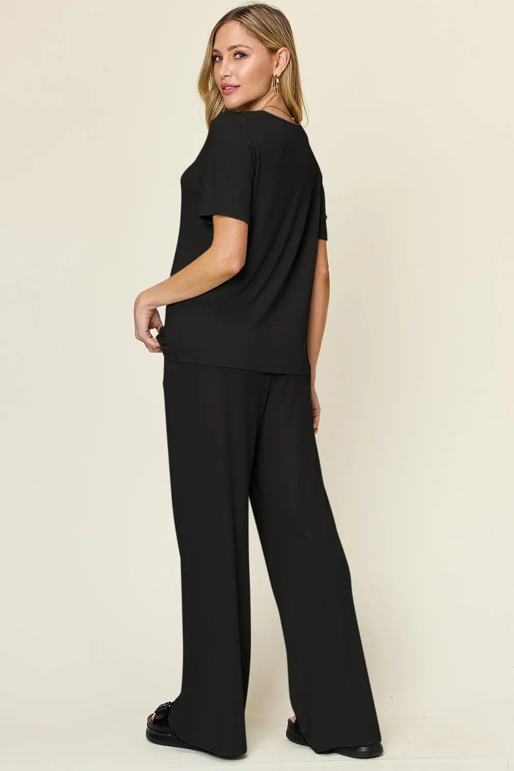 Double Take Short-Sleeve & Wide-Leg Two-Piece Set - Whispering Desires Shoppe