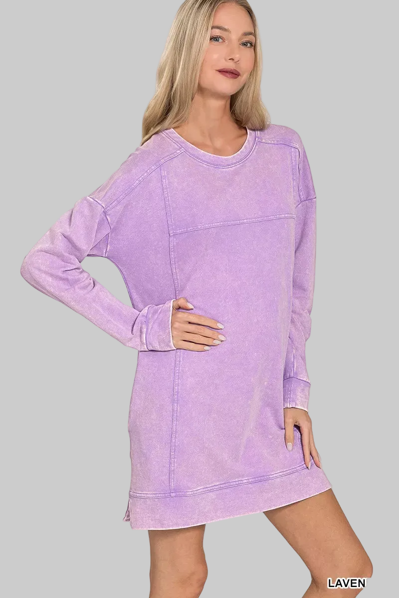Zenana French Terry Acid Washed Casual Dress with Pockets | 100% Cotton Trendsi