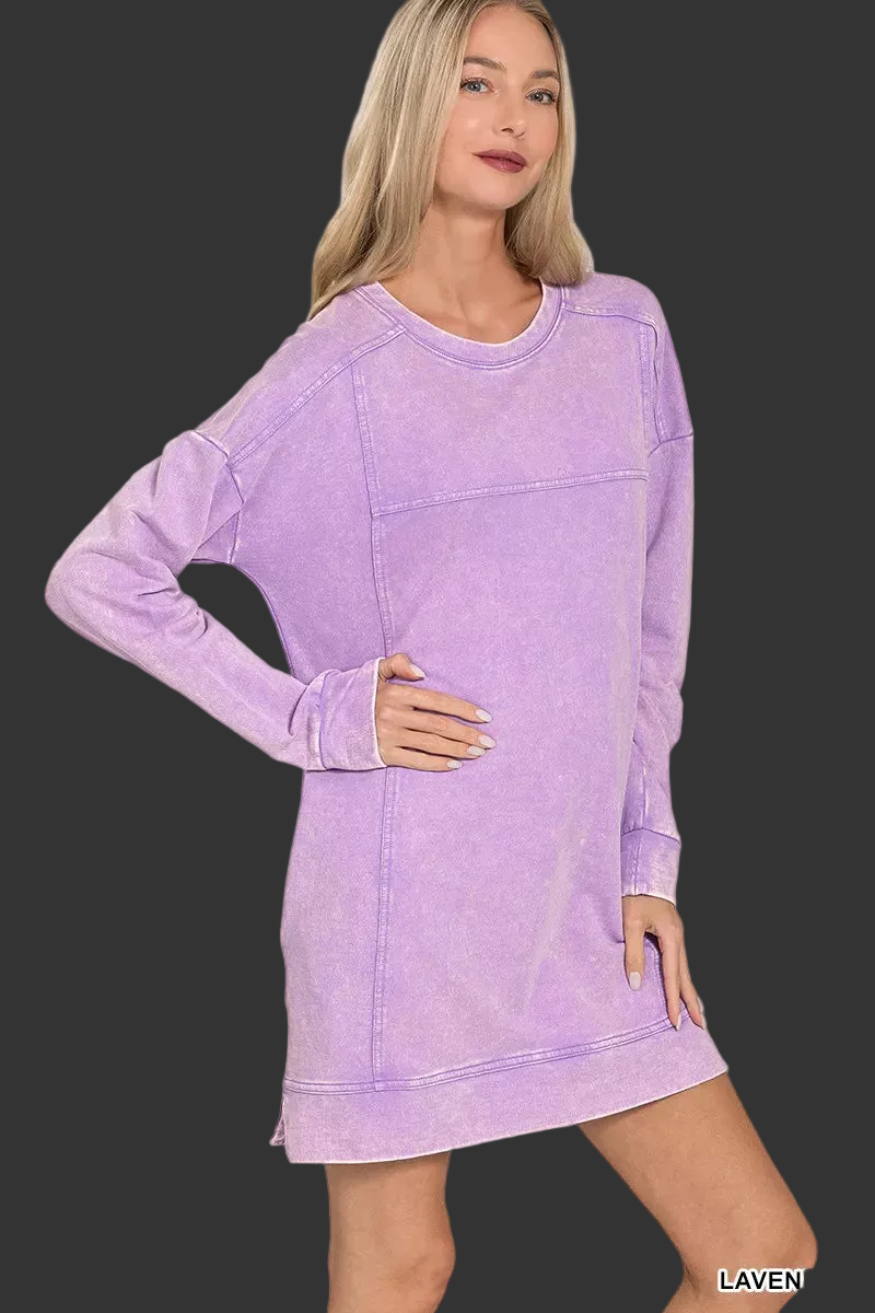 Zenana French Terry Acid Washed Casual Dress with Pockets | 100% Cotton Trendsi