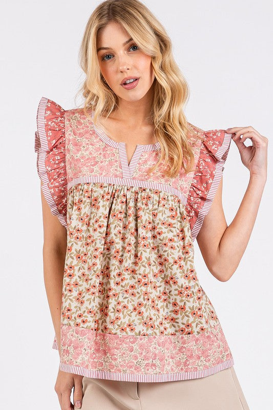 Mittoshop Floral Notched Ruffled Cap Sleeve Blouse - Whispering Desires Shoppe
