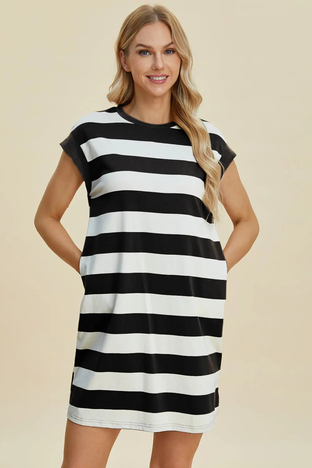 Striped Cap-Sleeve Mini Dress — Cotton-Blend Comfort - Whispering Desires Shoppe