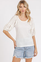 Mittoshop Mixed Media Textured Knit Popcorn Puff Sleeve Blouse - Whispering Desires Shoppe