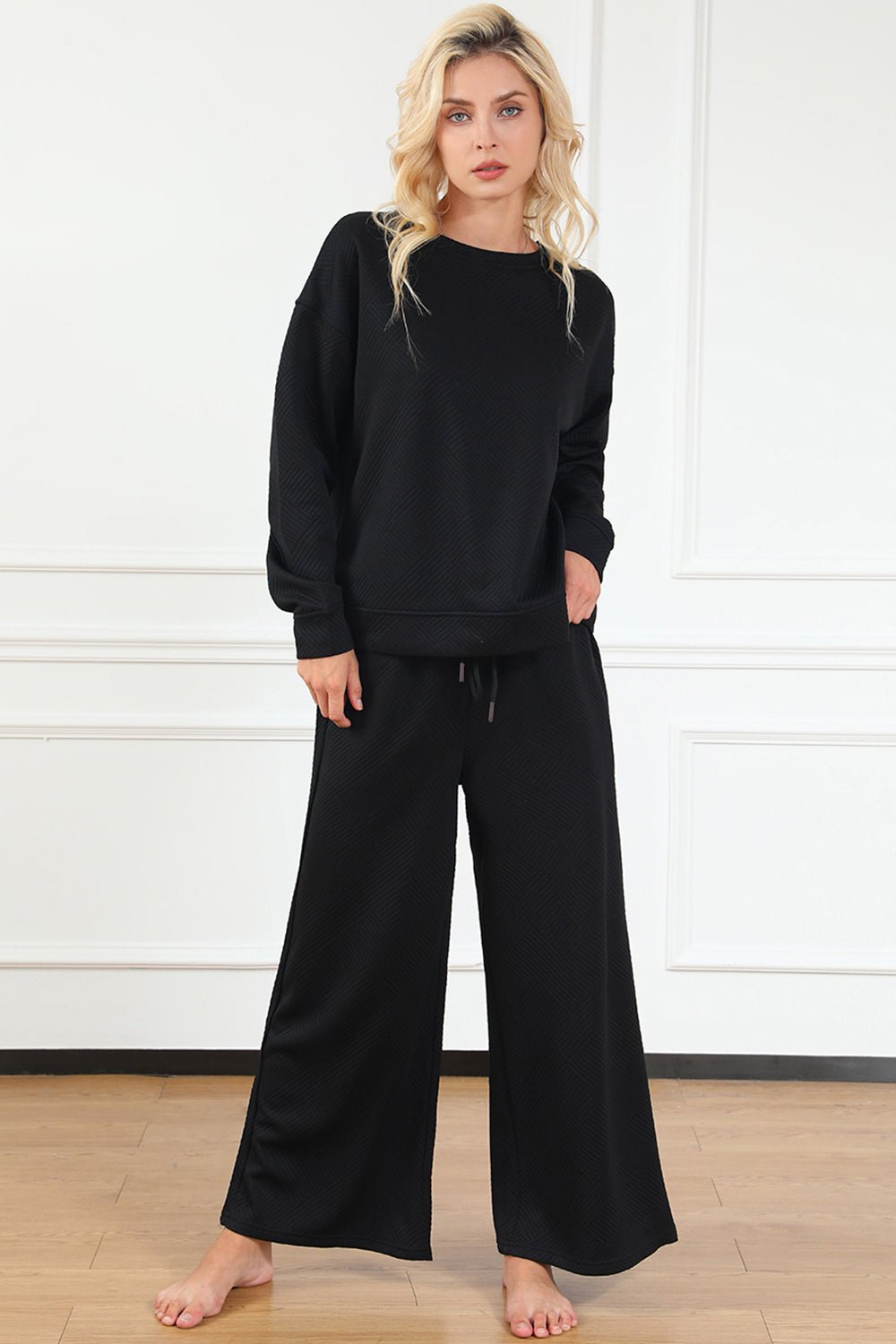Double Take Full Size Textured Long Sleeve Top and Drawstring Pants Set - Whispering Desires Shoppe