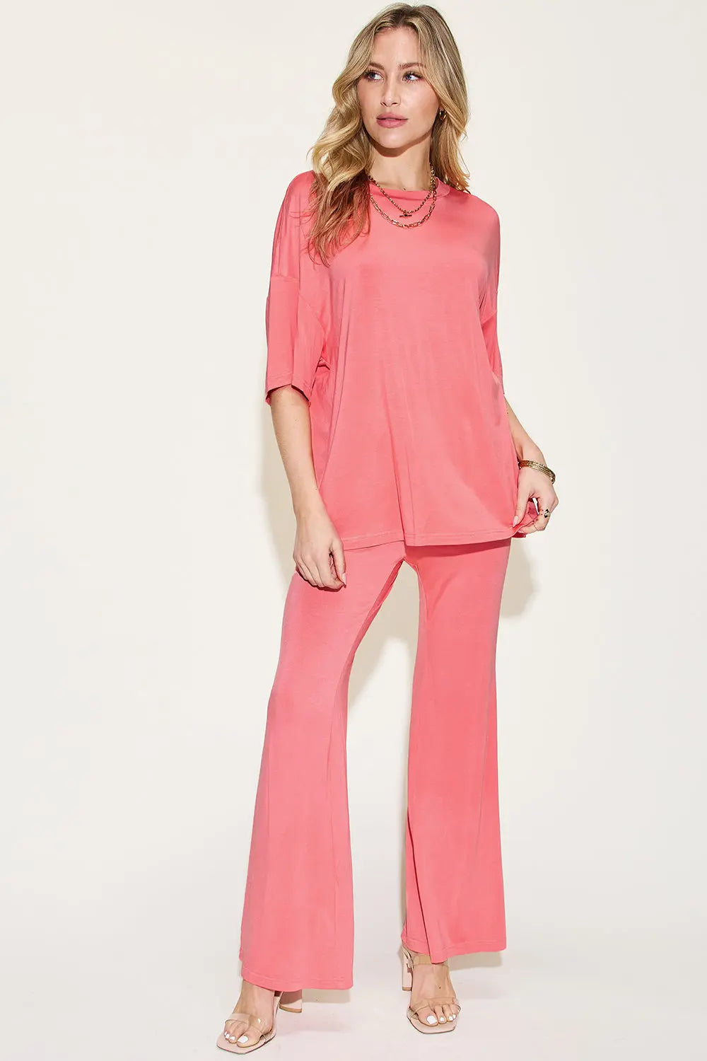 Basic Bae Full Size Bamboo Drop Shoulder T-Shirt and Flare Pants Set - Whispering Desires Shoppe