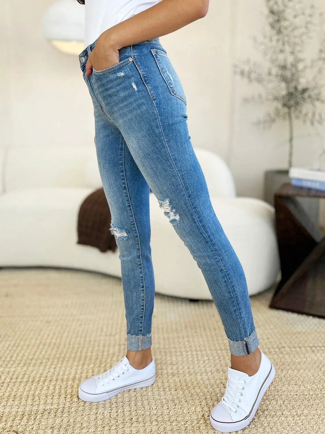 Judy Blue Mid-Rise Destroy & Cuff Skinny Jeans - Whispering Desires Shoppe