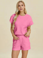 Double Take Textured T-Shirt & Drawstring Shorts Set - Whispering Desires Shoppe