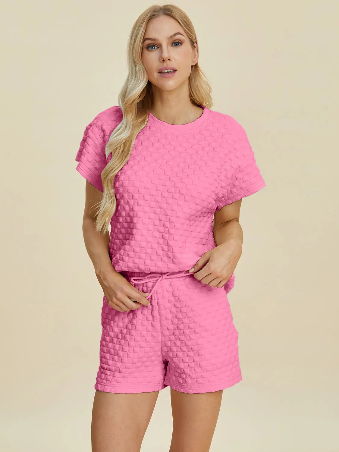 Double Take Textured T-Shirt & Drawstring Shorts Set - Whispering Desires Shoppe