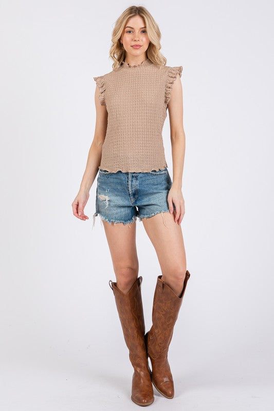 Ces Femme Texture Mock Neck Ruffle Cap Sleeve Blouse - Whispering Desires Shoppe