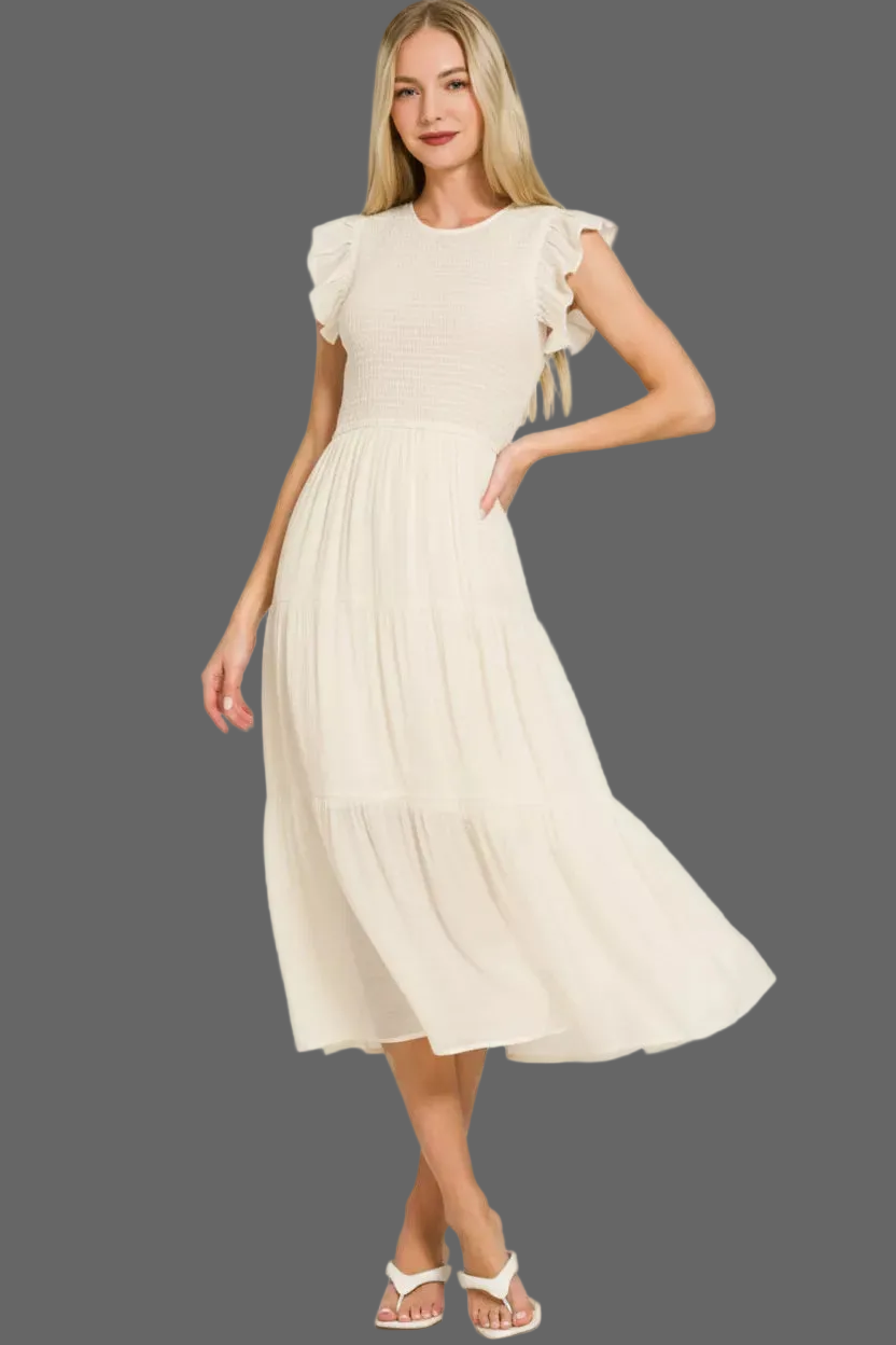 Zenana Woven Smocked Ruffle Sleeve Midi Dress | Tiered A-Line Style Trendsi