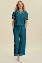 Double Take Full Size Pearl Detail Round Neck Top and Pants Set - Whispering Desires Shoppe