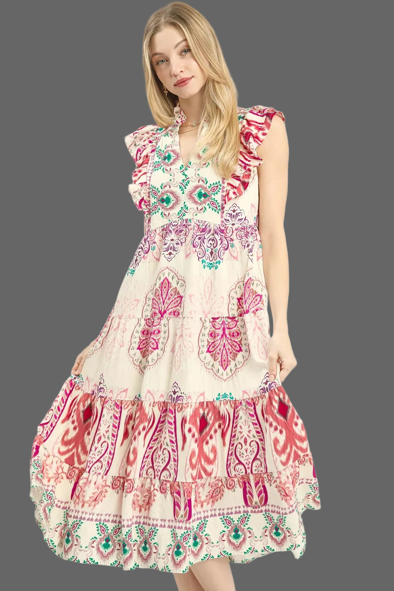 Umgee Boho Border Print Ruffle Midi Dress | Tiered Sleeveless Summer Dress Trendsi