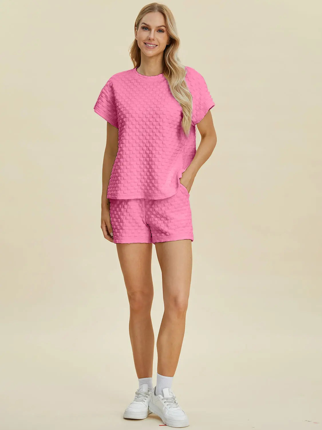 Double Take Textured T-Shirt & Drawstring Shorts Set - Whispering Desires Shoppe