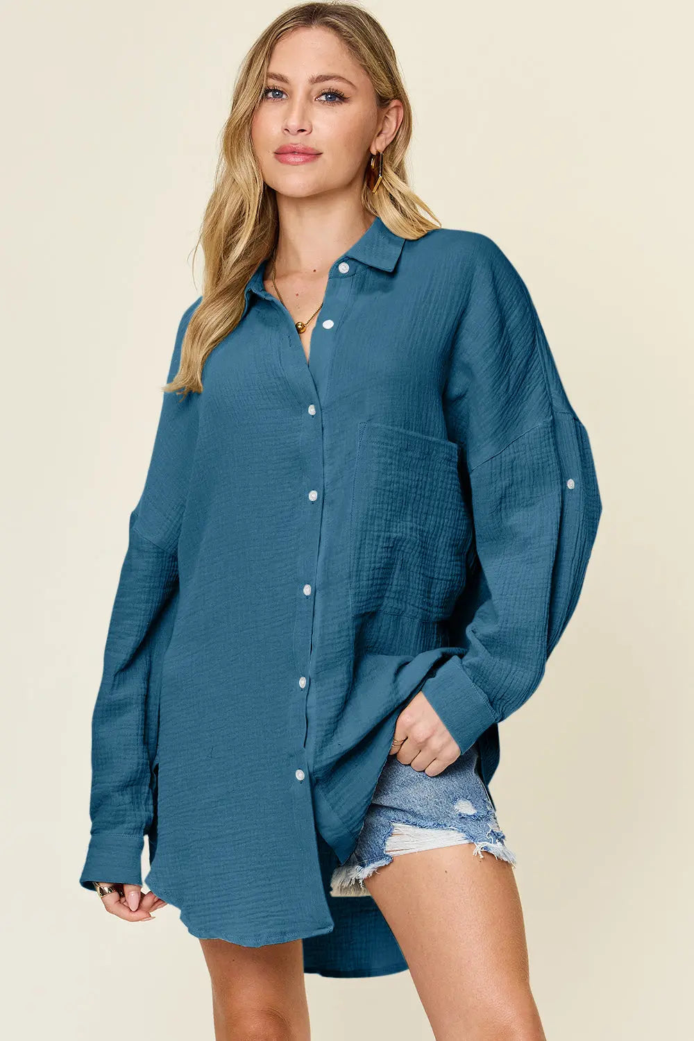 Double Take Textured Cotton Button-Up Shirt - Whispering Desires Shoppe