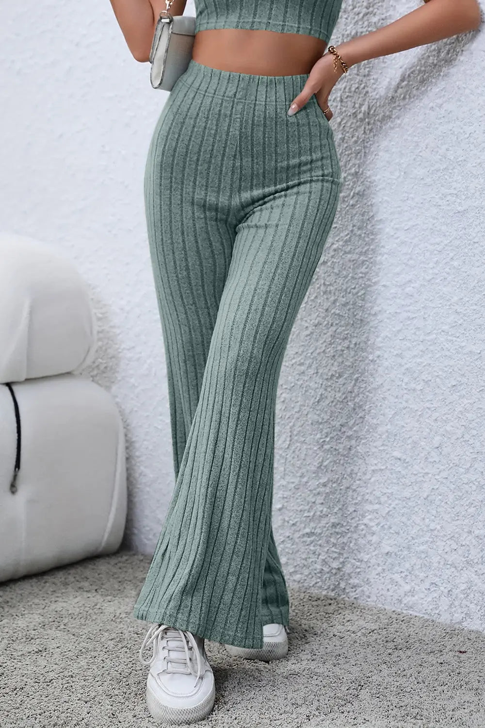 Basic Bae Ribbed High-Waist Flare Pants - Whispering Desires Shoppe