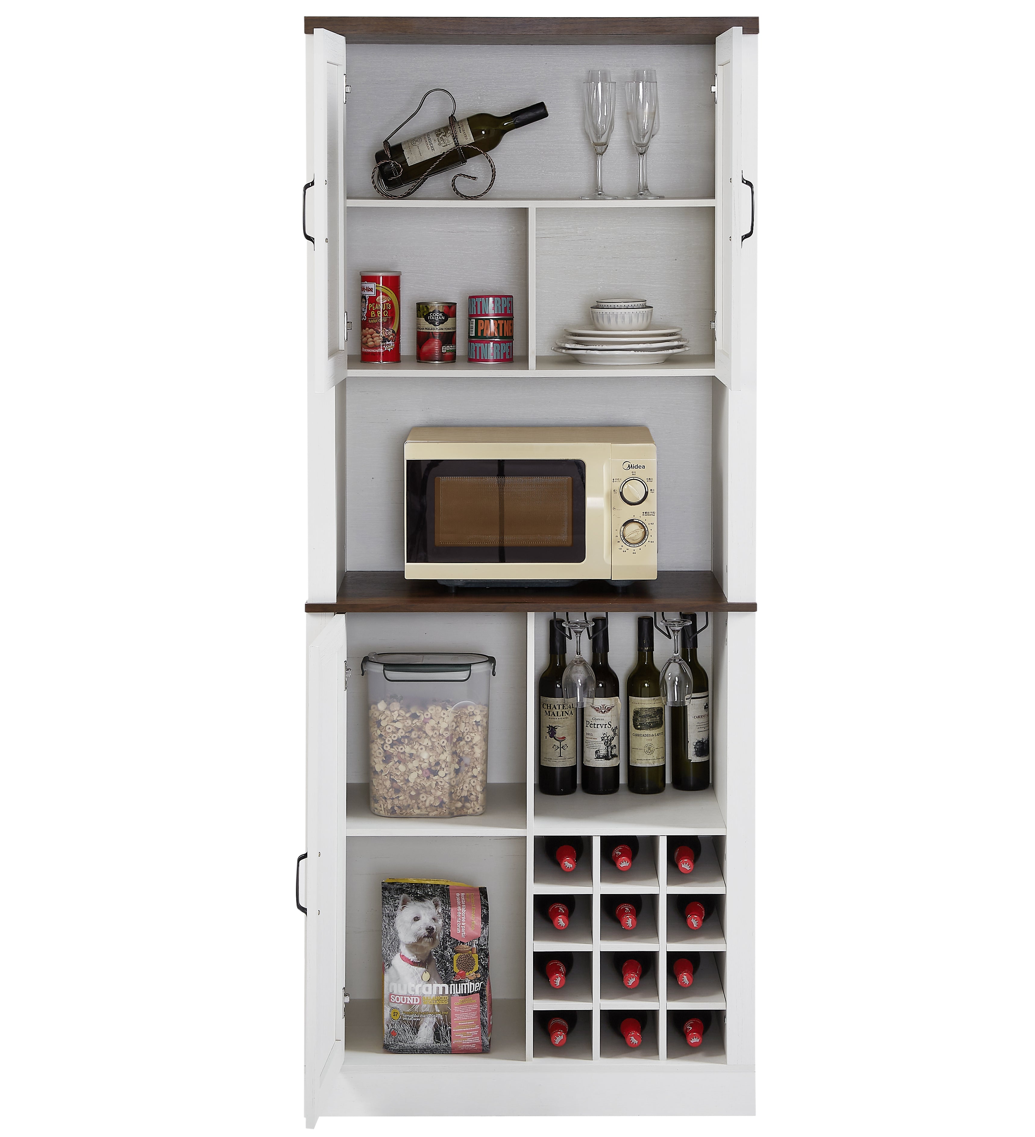 76 Inch Tall Farmhouse Kitchen Faux Rattan Wine Cabinet, Kitchen Bar Cabinet with Square Compartments and Shelves eprolo