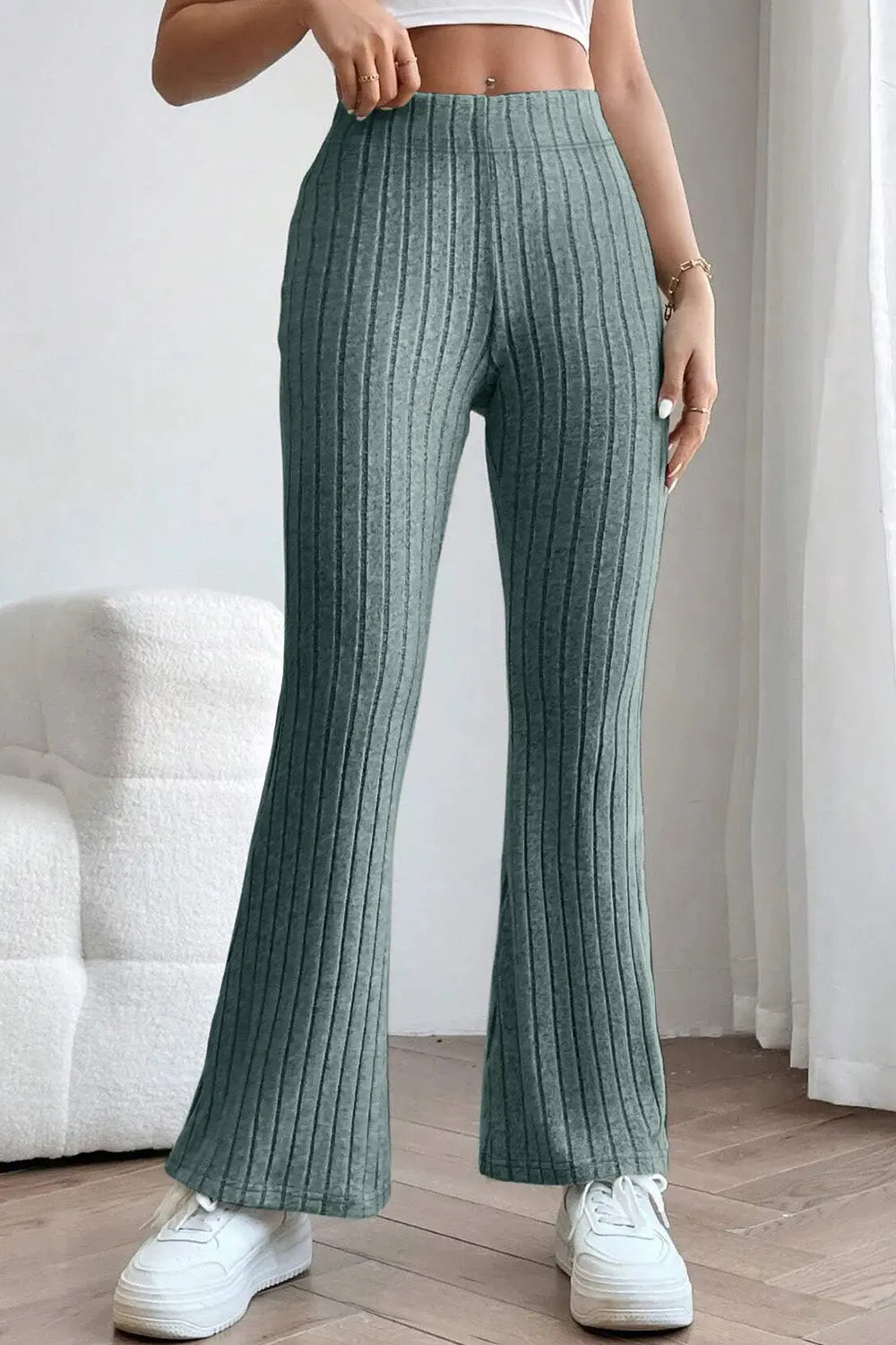 Basic Bae Ribbed High-Waist Flare Pants - Whispering Desires Shoppe