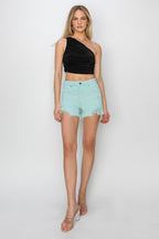 RISEN Mid-Rise Frayed Hem Stretch Denim Shorts - Whispering Desires Shoppe
