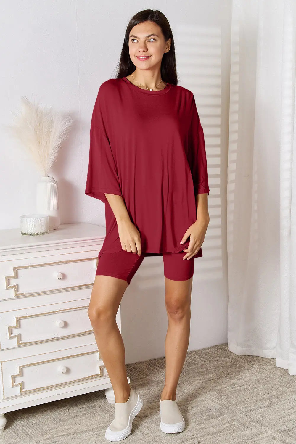 Basic Bae Soft Rayon 3/4 Sleeve Top & Shorts Set - Whispering Desires Shoppe