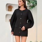 Chic Bubble Sleeve Suit Jacket with Buttoned Waist and Round Neck Dress, Autumn/Winter Fashionable Casual Dress eprolo