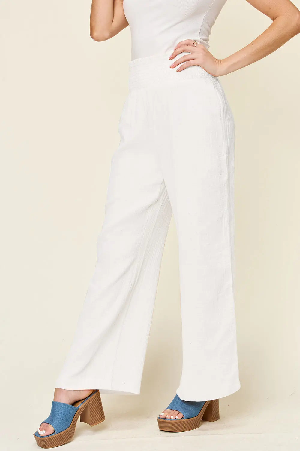 Double Take Smocked-Waist Wide-Leg Cotton Pants - Whispering Desires Shoppe