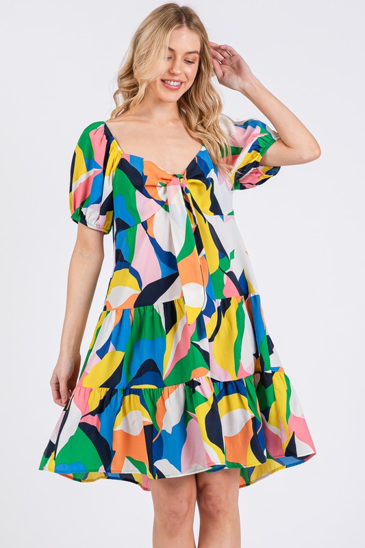 Ces Femme Abstract Print Sweetheart Neck Puff Sleeve Dress - Whispering Desires Shoppe