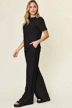 Double Take Short-Sleeve & Wide-Leg Two-Piece Set - Whispering Desires Shoppe