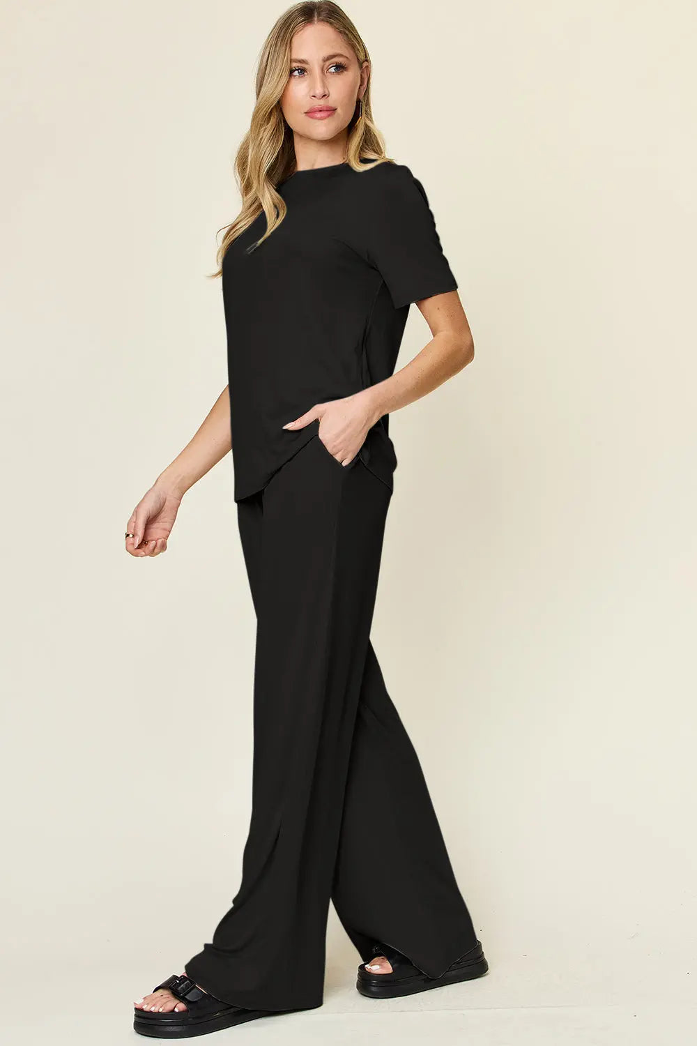 Double Take Short-Sleeve & Wide-Leg Two-Piece Set - Whispering Desires Shoppe