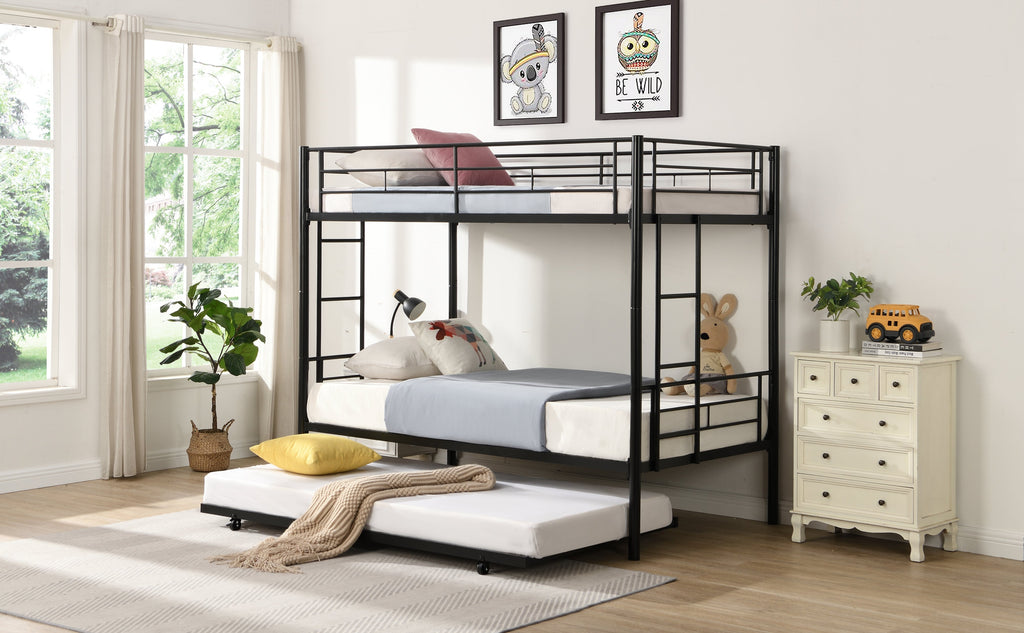 Twin bunk bed frame with trailer, metal bunk bed with sturdy guardrail and side ladder, can be divided into two beds, black eprolo