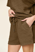 Double Take Textured Tee & Drawstring Shorts Set - Whispering Desires Shoppe